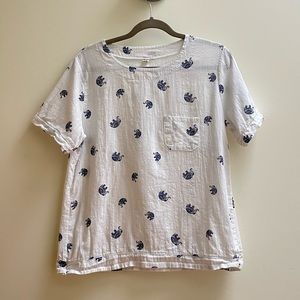 White Linen Blue Elephant Top